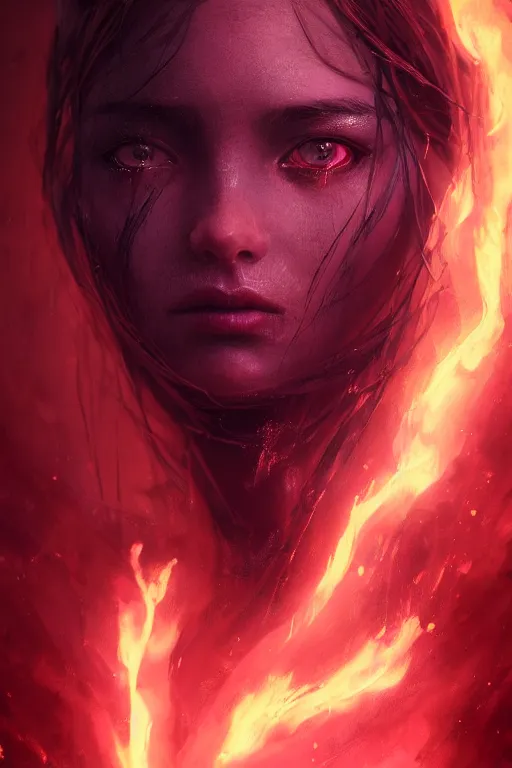 Image similar to a beautiful portrait of a young Demon women covered in deep purple flames with an intense look on her face by Greg Rutkowski, Sung Choi, Mitchell Mohrhauser, Maciej Kuciara, Johnson Ting, Maxim Verehin, Peter Konig, Bloodborne , 8k photorealistic, cinematic lighting, HD, high details, atmospheric , trending on artstation