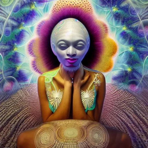 Image similar to obatala the cosmic god sitting in a cabana made of nebula clouds, by Adi granov and afarin sajedi and amanda sage and evgeni gordiets and Agostino Arrivabene in a psychedelic portrait style, ultrarealistic matte painting, volumetric lighting, fractal, extremely symmetrical, highly detailed face, orisha, 8k, hd