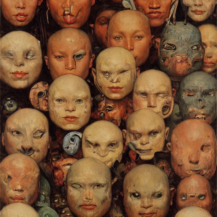 Prompt: portrait painting of beautiful tribal alien masks, by norman rockwell. muted colors, soft gradients. baroque period, renaissance masterpiece. black background. trending on artstation. retrofuturism.