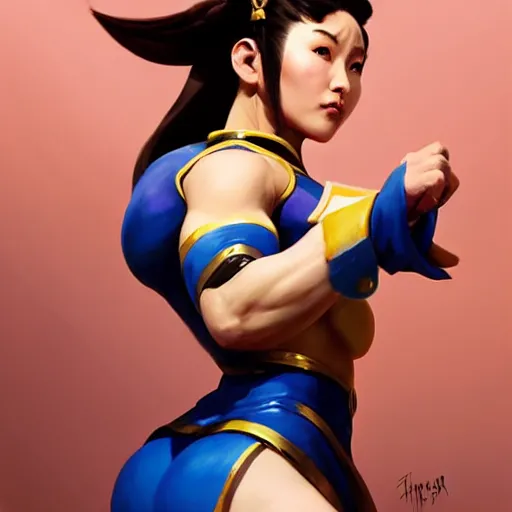 Image similar to Greg Manchess portrait painting of Chun-Li as Overwatch character, medium shot, asymmetrical, profile picture, Organic Painting, sunny day, Matte Painting, bold shapes, hard edges, street art, trending on artstation, by Huang Guangjian and Gil Elvgren and Sachin Teng