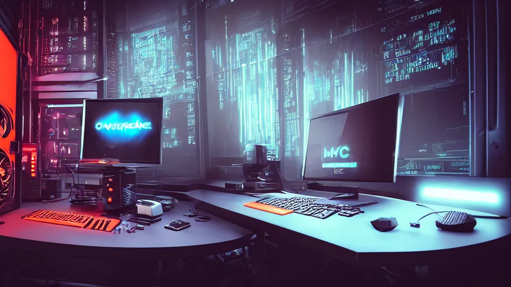 Image similar to a cyberpunk overpowered computer. Overclocking, watercooling, custom computer, cyber, mat black metal, alienware, futuristic design, desktop computer, desk, home office, whole room, minimalist, Beautiful dramatic dark moody tones and lighting, orange neon, Ultra realistic details, cinematic atmosphere, studio lighting, shadows, dark background, dimmed lights, industrial architecture, Octane render, realistic 3D, photorealistic rendering, 8K, 4K, Cyborg R.A.T 7, Republic of Gamer, computer setup, highly detailed