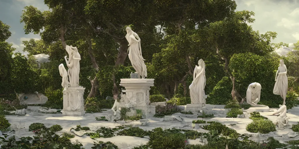 Image similar to Garden Utopia, mind puzzles, marble statues, surrealism, outside, intricate artwork by caravaggio. Trending on artstation, octane render, cinematic lighting from the right, hyper realism, octane render, 8k, depth of field, 3D