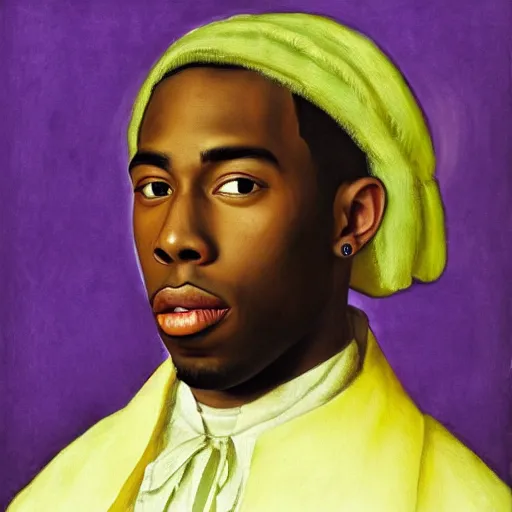 Image similar to a renaissance style portrait painting of tyler the creator