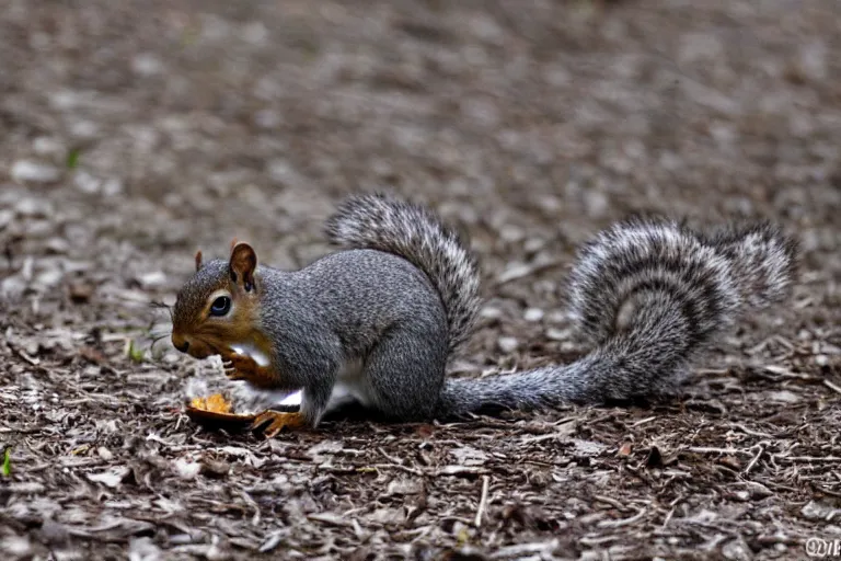 Prompt: nature photography of a squirrel eating a dead bird on the side of the road, 2 0 0 8 horror movie still