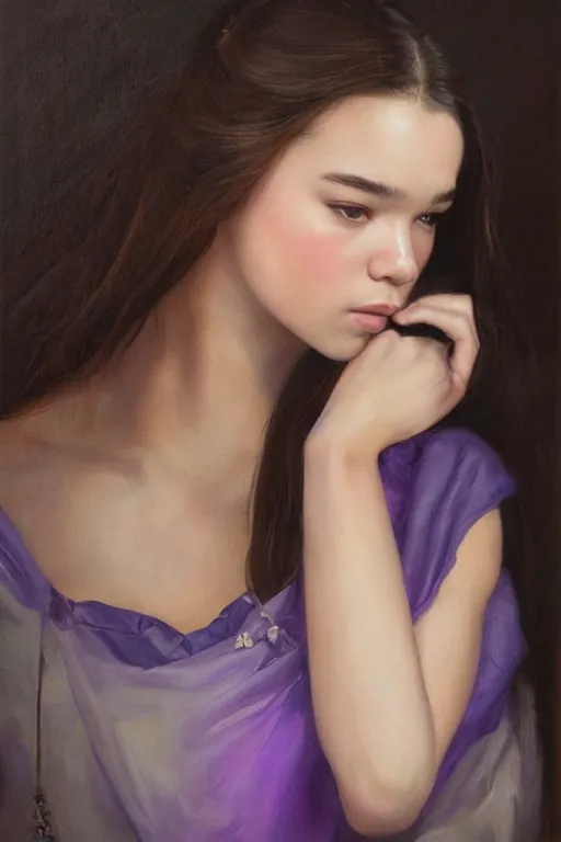 Prompt: Beautiful oil painting of Hailee Steinfeld as Kate Bishop by Titian and Chie Yoshii, portrait, Marvel, Hawkeye, blush, symmetrical face, intricate, face, blue iris eyes, black hair, elegant, light purple mist, highly detailed, dramatic lighting, sharp focus, Pitch Perfect, Bumblebee, trending on artstation, artstationHD, artstationHQ, unreal engine, 4k, 8k