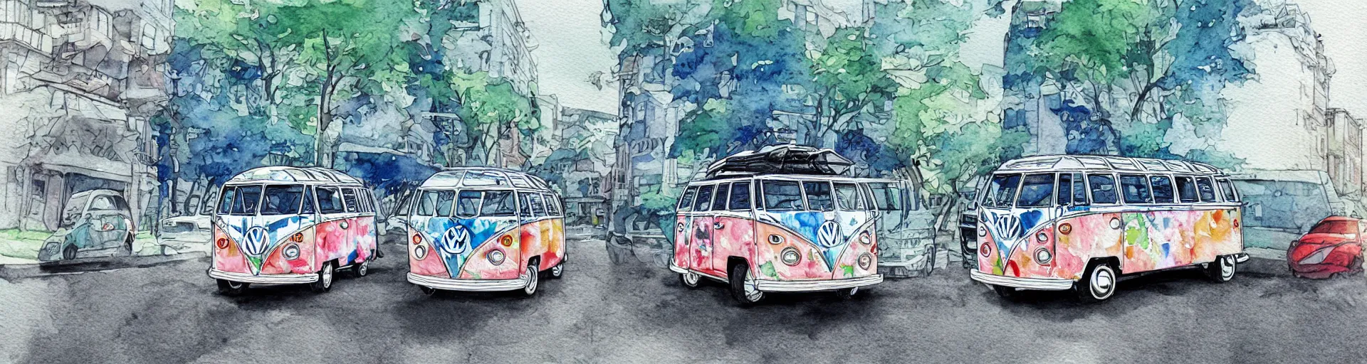 Image similar to vw bus on a street, centered award winning watercolor pen illustration, edited by range murata, tiny details by artgerm and watercolor girl