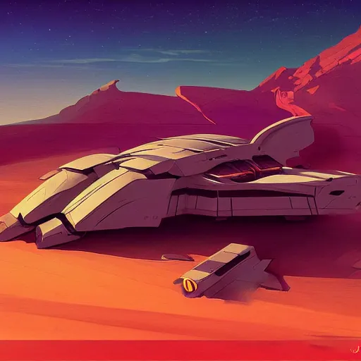 Prompt: a painting of a sci - fi spaceship in the desert, concept art by James Gilleard, Artstation contest winner, space art, concept art, speedpainting, redshift