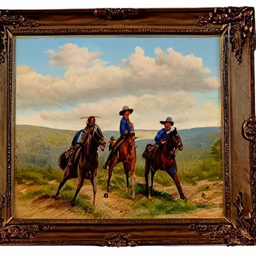 Image similar to cowboys-fighting on the mountain trail on the style Fredrick Remington