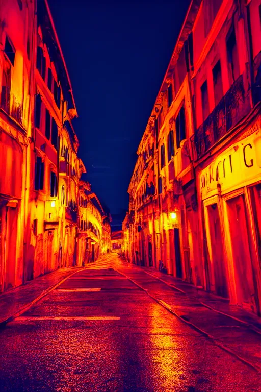 Image similar to neon streets of rome, 4 k, award winning photo, cyberpunk style