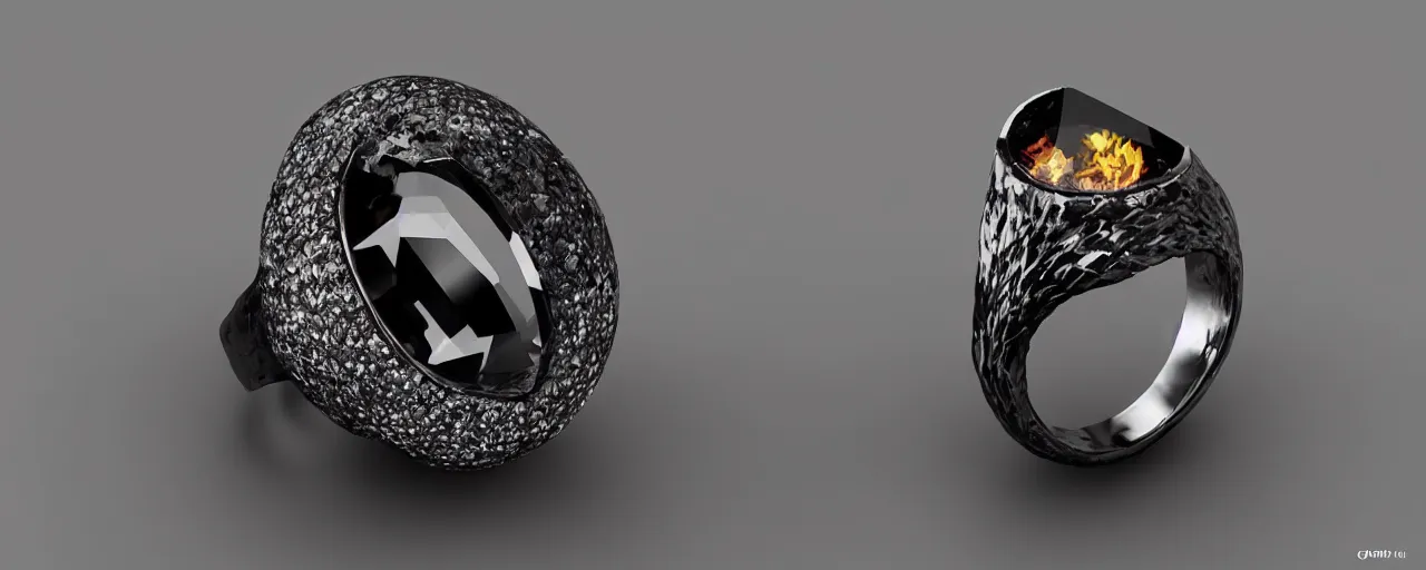 Image similar to simple black magic crystal ring, fire, flame, ashes, smooth, crystal, engravings, diamonds, product design, jewelry, colorful, art by gerald brom, greg rutkowski and artgerm, photo realism, unreal engine, c 4 d