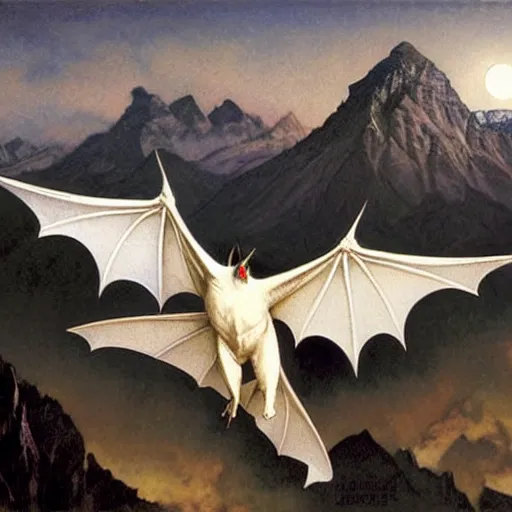 Image similar to hyper realistic white bat, flying against a dark black night sky, mountain in the background, moonlight, denoised, very detailed, painted by james gurney, alphonso mucha, norman rockwell, tom bagshaw