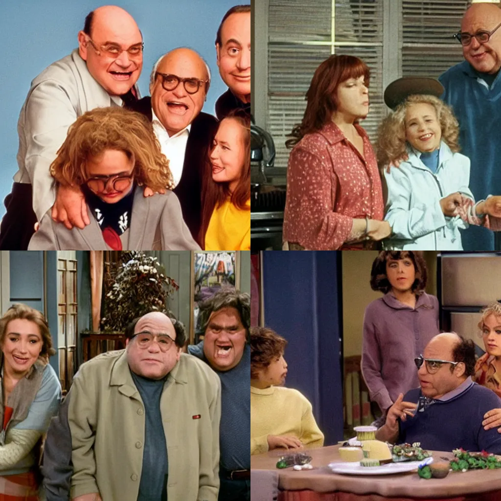 Prompt: Still from a Sitcom starring Danny DeVito With An Alien Family, well lit, high production value