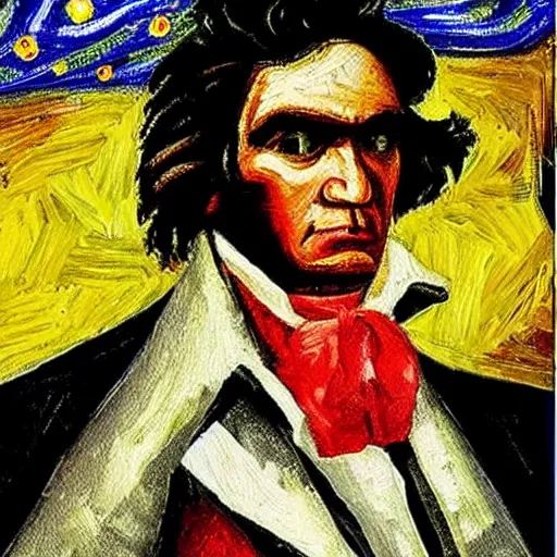 Prompt: a painting of beethoven in the style of piccasso starry night.