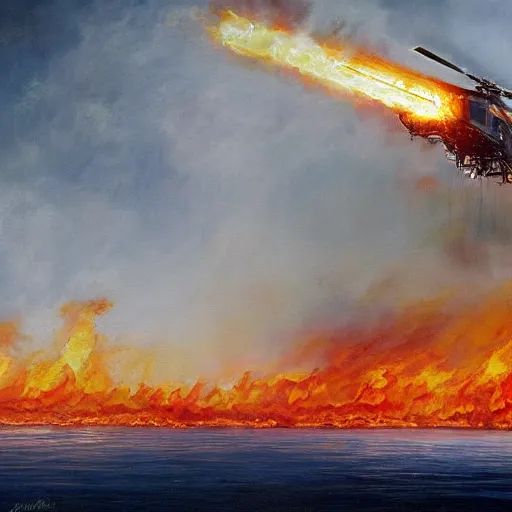 Prompt: a beautiful painting by james gurney, 8k resolution, still images trending on artstation a face of an old military helicopter shown drifting offshore in flames. Style of Blade Runner 2049