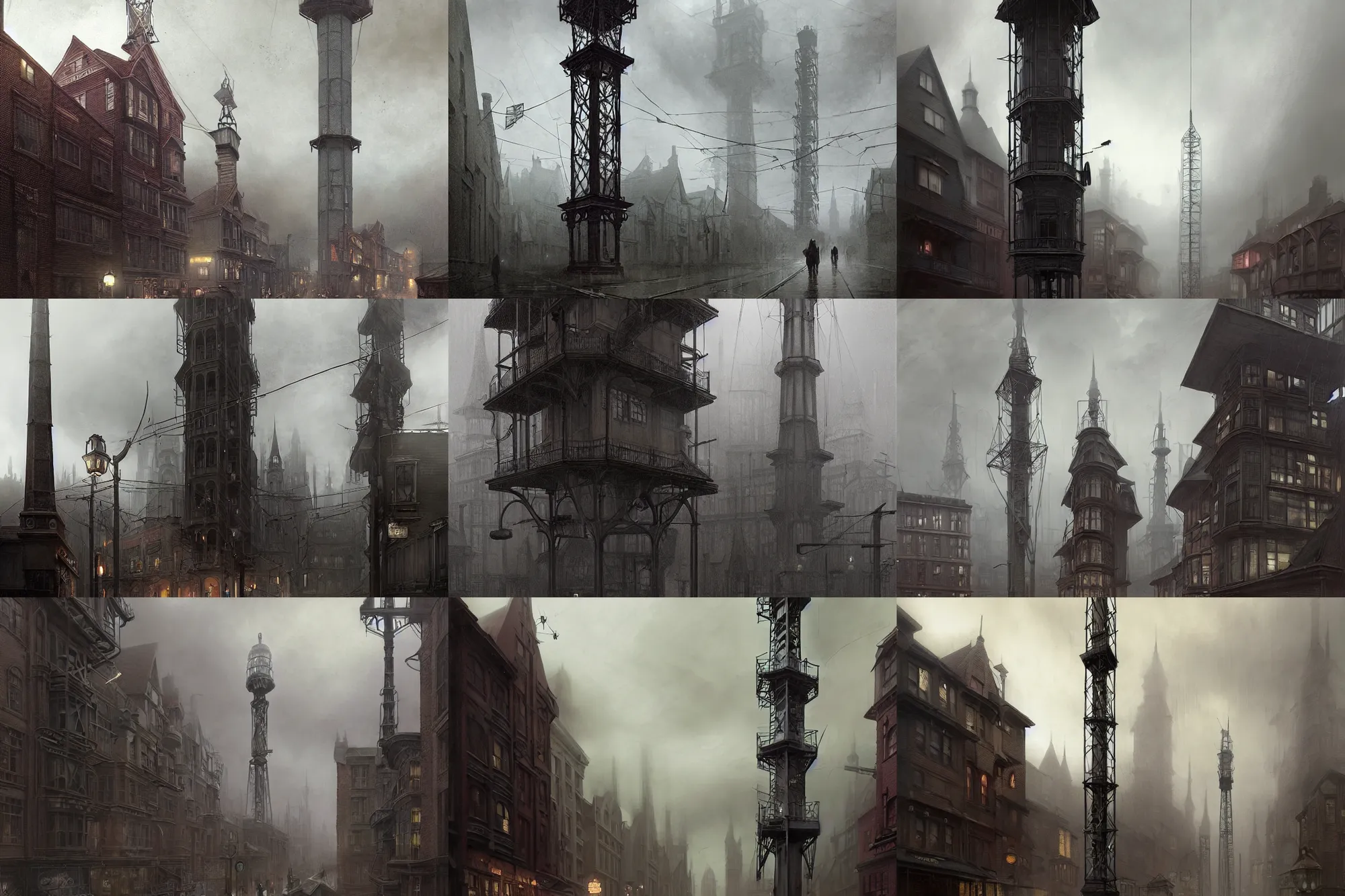 Prompt: A street-level view of a gloomy fantasy Victorian-era town, single-point perspective centered in a radio tall, foreboding radio tower with cast-iron walkways, muted colors cloudy weather, detailed digital rational painting art by Greg Rutkowski, magic fantasy highly detailed, digital concept art, sharp focus, realistic concept art by Stephen Hickman and James Gurney and Hiromasa Ogura Ghost in the Shell rendered in Octane Render, From a distance