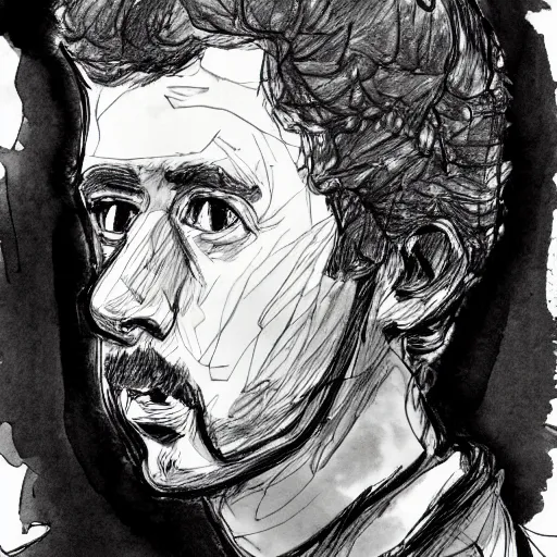 Image similar to a realistic yet scraggly portrait sketch of the side profile of a stern and sophisticated napoleon dynamite, trending on artstation, intricate details, in the style of frank auerbach, in the style of sergio aragones, in the style of martin ansin, in the style of david aja, in the style of mattias adolfsson