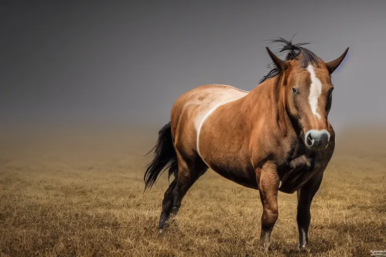 Image similar to a horse bull!!! hybrid! hyper realistic!! realistic lighting!! wildlife photographer of the year!!! bold natural colors, national geographic, hd, wide angle, 8 k