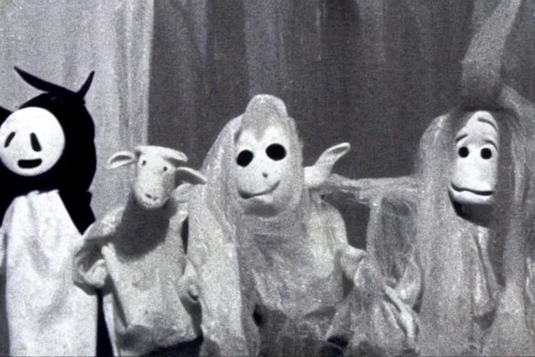 Prompt: still frame from a surreal 1979 children's tv show with a horror goat, ghost house, and a sad cheese puppet