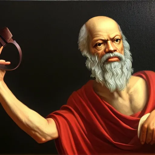 Prompt: socrates wearing a virtual reality headset, oil painting