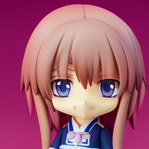 Image similar to character face portrait of a singular kawaii chibi in the sytle of kyoto animation, in simple background, nendoroid eyes, blender, toon rendering, toon shader, anime waifu, ukiyoe