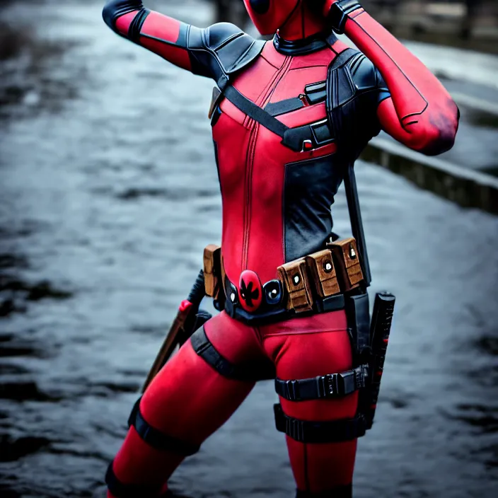 Image similar to fully body pose, photo of a very beautiful!! female deadpool victoria secret model, wet hair, raining, 8 k, hdr, smooth, sharp focus, high resolution, award - winning photo, trending on artstation, dslr, 5 0 mm