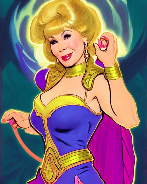 Image similar to barbara eden's jeannie as the genie of ai artwork, comic cover painting, masterpiece artstation. 8 k, sharp high quality artwork in style of wayne reynolds, alphonse mucha, arthur adams, greg rutkowski, and don bluth, concept art by jack kirby, blizzard warcraft artwork, hearthstone card game artwork