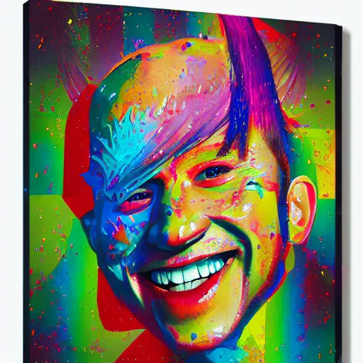 Prompt: a portrait of a laughing man with ginger hair, by ross tran in a cubist and pointillist style with impasto, psychedelic, rainbow, swirling splattered colors, otherworldly, abstract