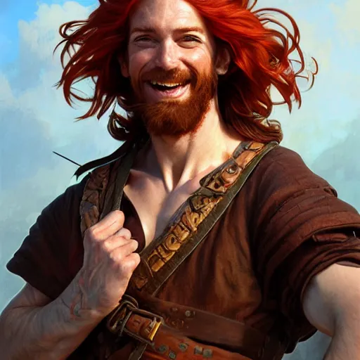 Image similar to portrait of a young ruggedly handsome but joyful pirate, male, masculine, upper body, red hair, long hair, d & d, fantasy, joyful expression, intricate, elegant, highly detailed, digital painting, artstation, concept art, matte, sharp focus, illustration, art by artgerm and greg rutkowski and alphonse mucha