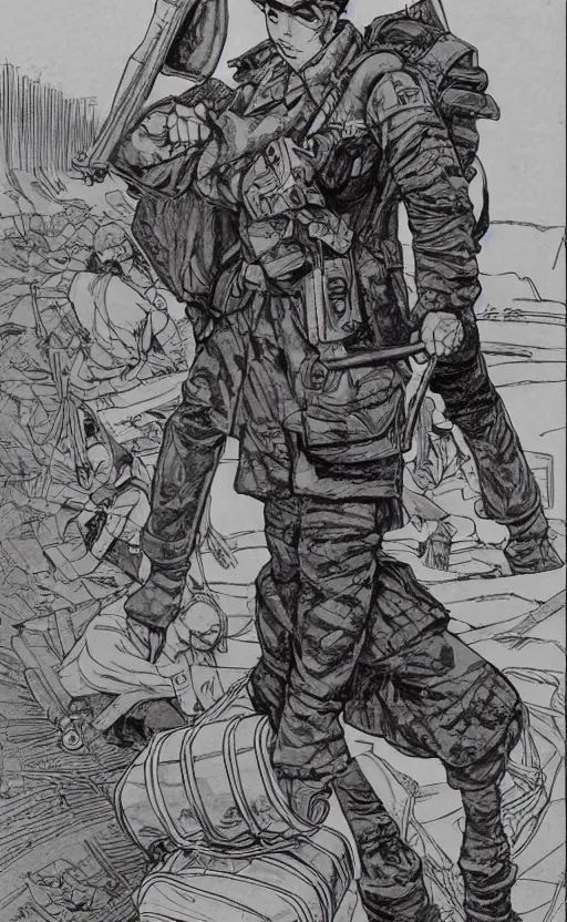 Prompt: manga style, intricate line art, side portrait of a girl, trench and sandbags in background, soldier clothing, short hair, hair down, symmetrical facial features, norman rockwell, tom lovell, alex malveda, jack kirby, greg staples