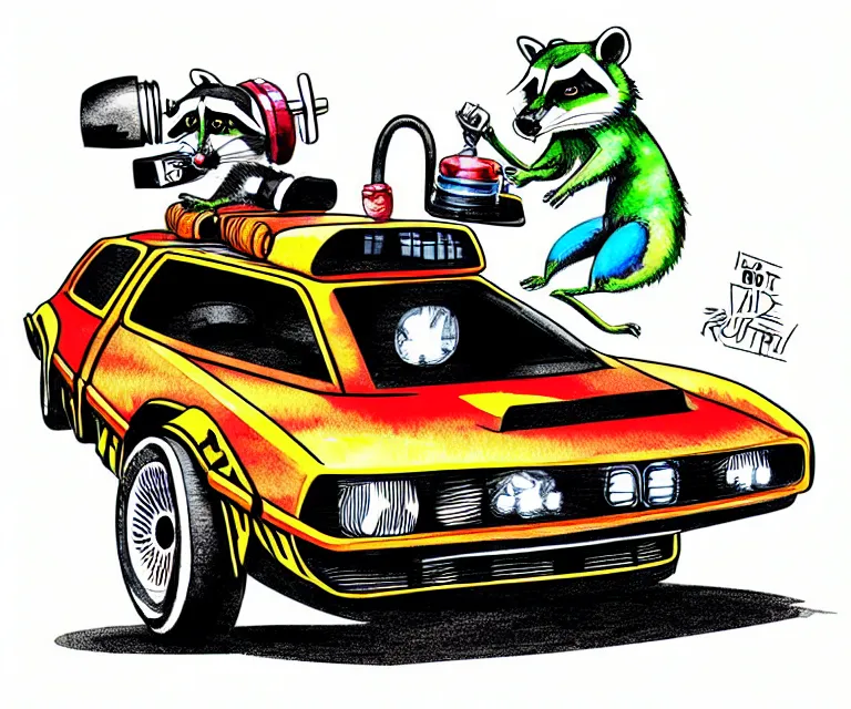 Image similar to cute and funny, racoon wearing a helmet riding in a tiny hot rod delorean with oversized engine, ratfink style by ed roth, centered award winning watercolor pen illustration, isometric illustration by chihiro iwasaki, edited by range murata