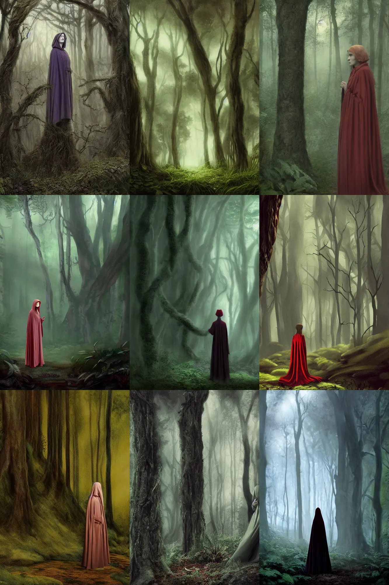 Prompt: a woman in a cloak standing in a forest, a matte painting by jeanne du maurier, award winning picture, masterpiece, movie still, horror film, wiccan, soft lighting, concept art, cinematic