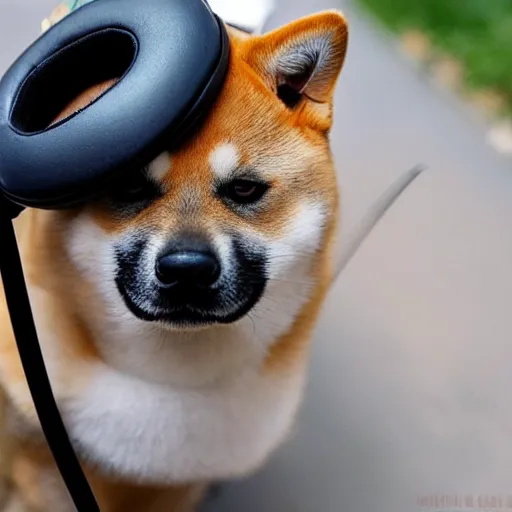 Image similar to a cheeky shiba inu wearing a stolen headset