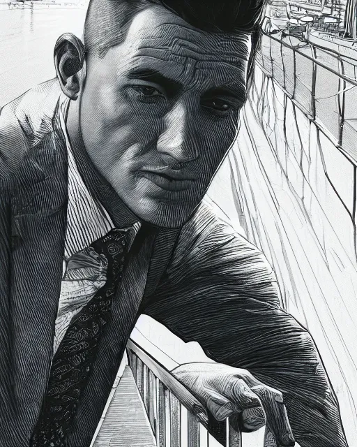 Image similar to portrait of a man standing on a bridge, detailed illustration, digital art, trending on artstation, martin ansin,