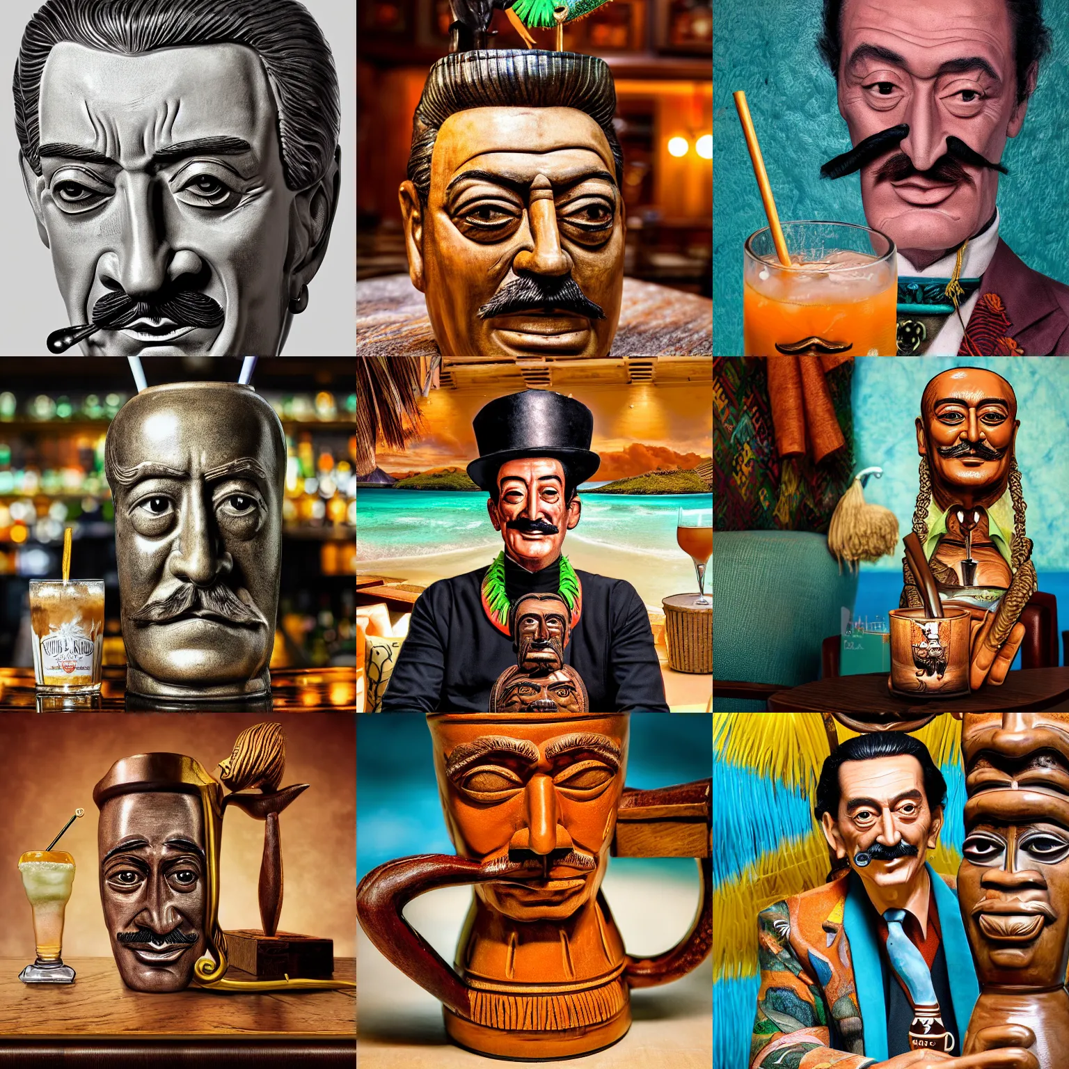 Prompt: a closeup photorealistic photograph of distinguished salvador dali at trader vic's bar sitting next to a trader vic's style tiki mug featuring the face of salvador dali. tiki culture. bright scene. 4 k hd image that's trending on artstation, featured on behance, well rendered, extra crisp, features epic composition and the style of unreal engine.