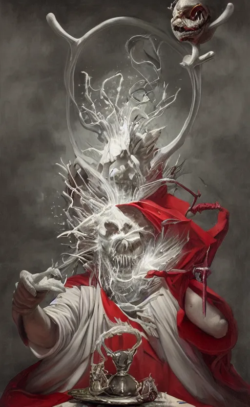 Prompt: a painting of a white robed magician behind a table, hands gesture as above so below, red mantle cup, sword, pentacle, wand, a surrealist painting by marco mazzoni, peter mohrbacher, nychos, cgsociety, neo - figurative, detailed painting, rococo, oil on canvas, seapunk, biomorphic, lovecraftian