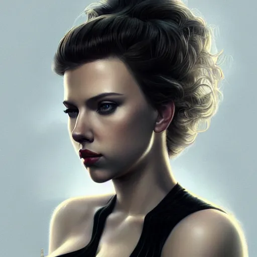 Image similar to scarlett johansson in a black swimsuit, intricate, elegant, highly detailed, digital painting, artstation, concept art, smooth, sharp focus, illustration, art by artgerm and greg rutkowski