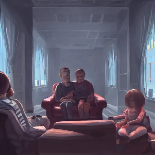 Image similar to pov shot behind a a family sat on a sofa watching mind control TV propoganda in an eerie room, trending on artstation, dystopian and depressing