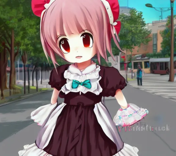 Prompt: a cute boy wearing a lolita dress, he is walking in a busy street, anime art, hd, smooth