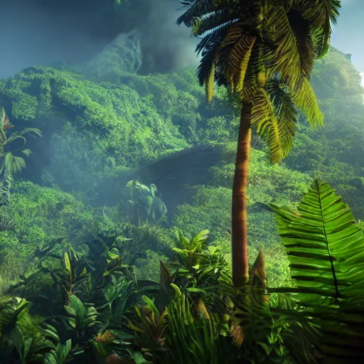 Prompt: dinosaur in jurassic jungle, volcanoes, ulreawide shot, cinematic, unreal 4 3 d