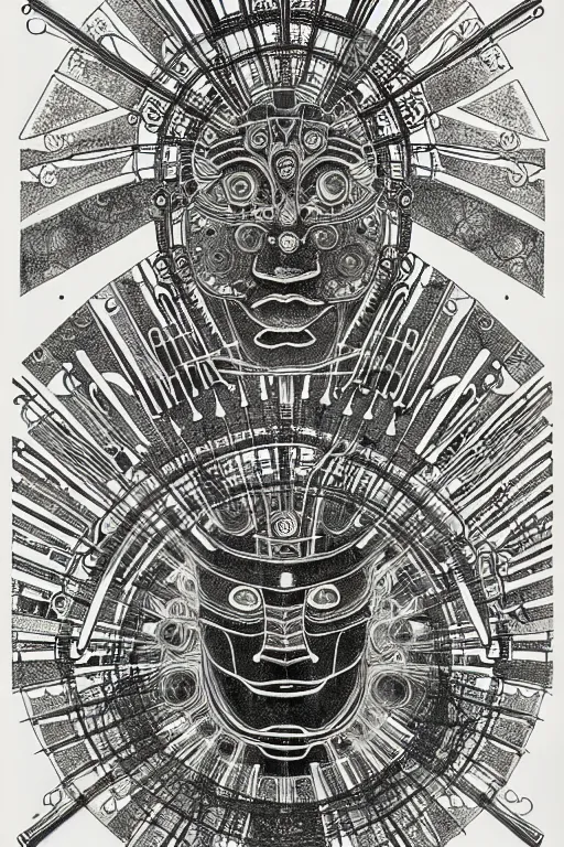 Image similar to a black and white drawing of an ancient future japanese temple samurai, bioluminescence, a detailed mixed media collage by hiroki tsukuda and eduardo paolozzi and ernst haeckel, intricate linework, sketchbook psychedelic doodle comic drawing, geometric, street art, polycount, deconstructivism, matte drawing, academic art, constructivism