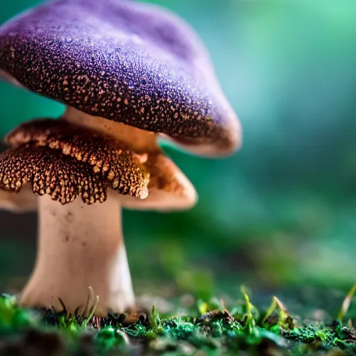 Image similar to macro photo with a fantasy Microfungi character with cute eyes and mycelium, painted patterns and coloring on mushrooms, 8K, highly detailed