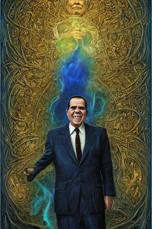 Prompt: Richard Nixon, tarot card, by tomasz alen kopera and Justin Gerard, expensive suit, big smile, cell phone, piercing eyes, symmetrical features, ominous, magical realism, texture, intricate, ornate, royally decorated, whirling blue smoke, embers, radiant colors, fantasy, trending on artstation, volumetric lighting, micro details, 3d sculpture, ray tracing, 8k, anaglyph effect