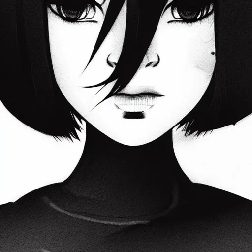 Image similar to an ink drawing of a tech punk girl by ilya kuvshinov, black and white