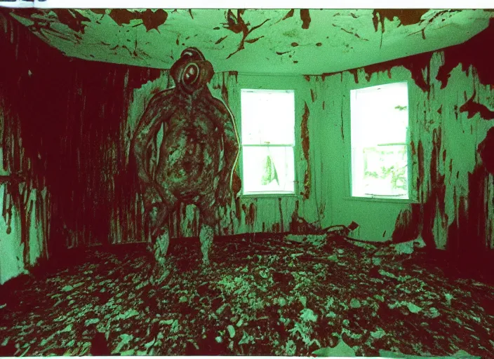 Image similar to 1 9 9 3, disposable camera, flash, pov, old abandoned house, male : creature, standing, meat, ooze, slime, veins, wet