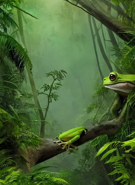 Image similar to a beautiful matte painting of a green frog in the jungle, kambo