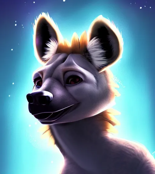 Image similar to digital detailed portrait of anthromorphic female hyena, in style of zootopia, fursona, furry, furaffinity, 4 k, deviantart, wearing astronaut outfit, in style of disney zootopia, floating in space, space background, in deep space, dark background, hyena fursona, cyberpunk, female, detailed face,