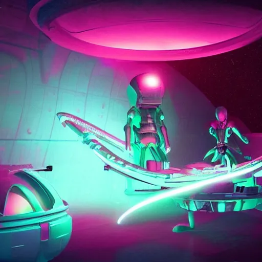 Image similar to aliens inside of a haunted space ship experimenting on humans with giant cats filled with a neon red alien substance, volumetric lighting, ultra detailed