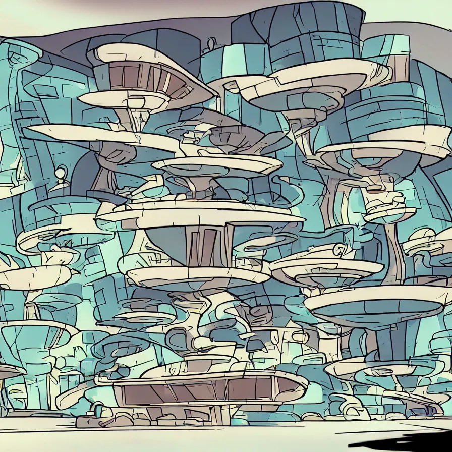 Prompt: concept art of jetsons cartoon scenario of a brutal house architecture indoor