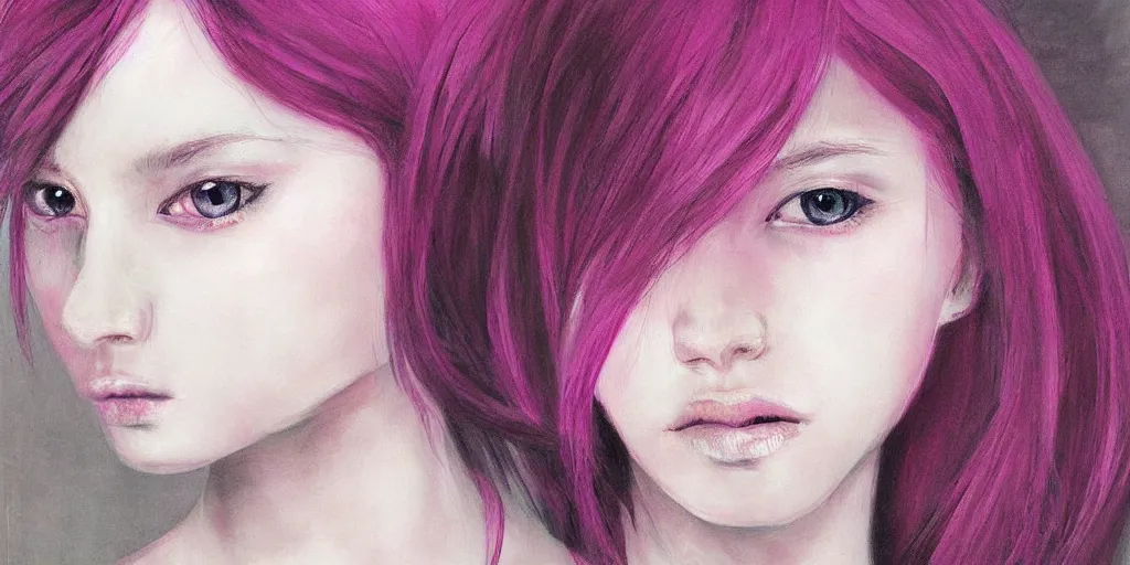 Image similar to A portrait of a girl, white skin, turquaz eyes puppil, symetrical face structure, Wlop painting style, Long magenta haire, Ross Draws, Peter Xiao