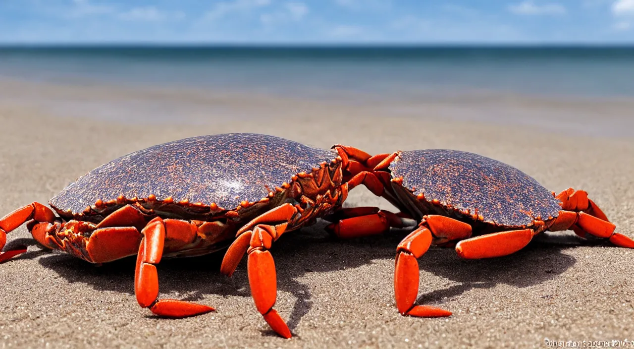 Image similar to a realistic image of a crab with a hat on it's head, ultra high detail, the crab is on sand on a beach with ocean in the background, 8 k.